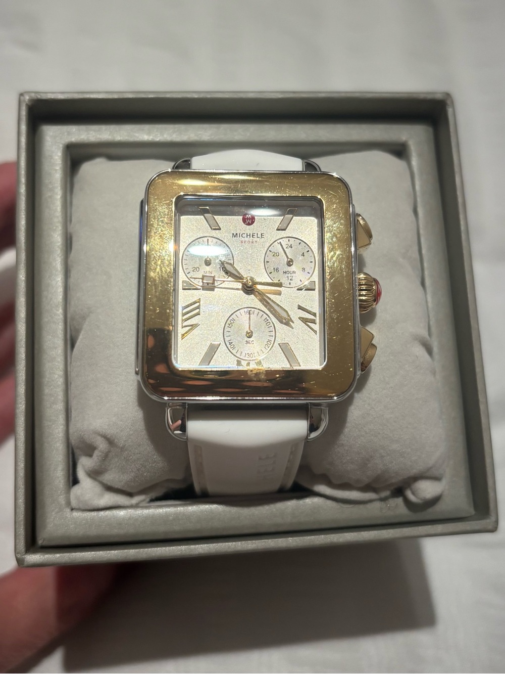 Michele Two-Tone Square Chronograph Watch in White and Gold